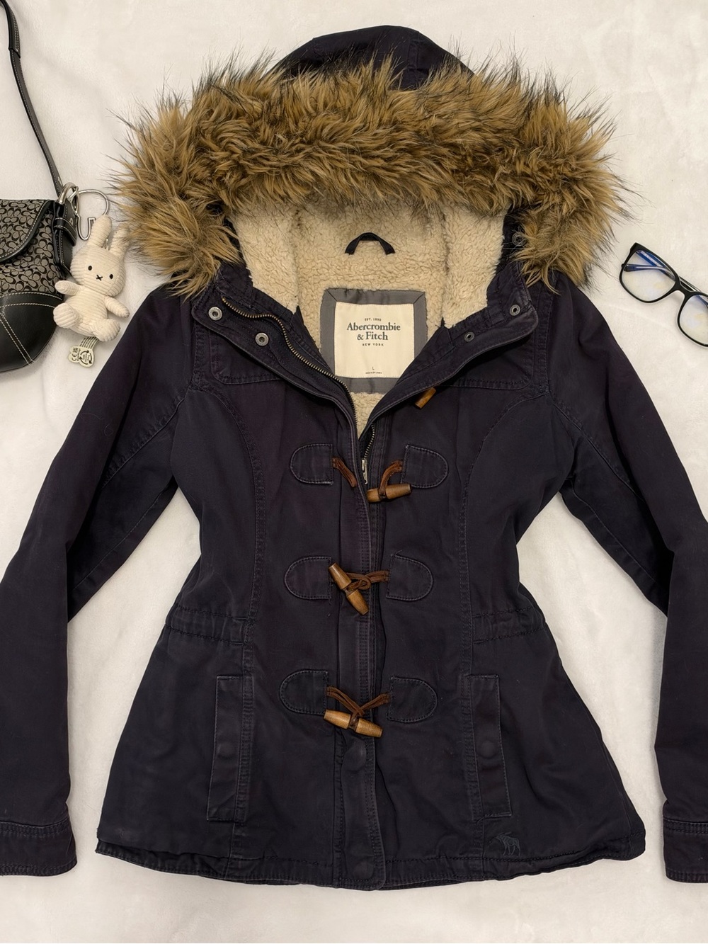 Abercrombie & Fitch Navy Hooded Trench Coat with Faux Fur Trim